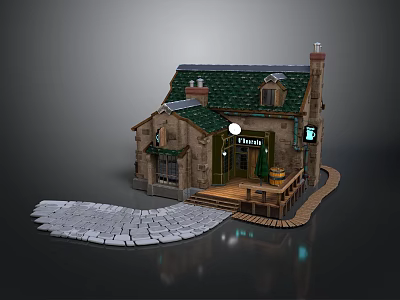Charming Country Tavern Interior With Wooden Beams Fireplace And Barrel Decorations 3d model