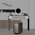 Modern Minimalist Dressing Table With Lighted Round Mirror Wooden Stool And Cosmetics