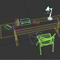 Wooden Long Study Table With Chair Lamp And Papers On Top