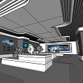 Modern Hi tech Exhibition Hall With White Display Platforms Mechanical Equipment Screens And Lighting Design