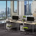 Modern Office Desk Setup With Computers Green Chairs And City View Through Large Windows 3d model