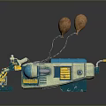 Futuristic Mechanical Device with Yellow Blue Parts White Balloon like Structures and Reflective Base