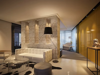 Modern Hotel Public Lounge Area With White Sofa Stone Wall Floor Lamp And Coffee Table 3d model