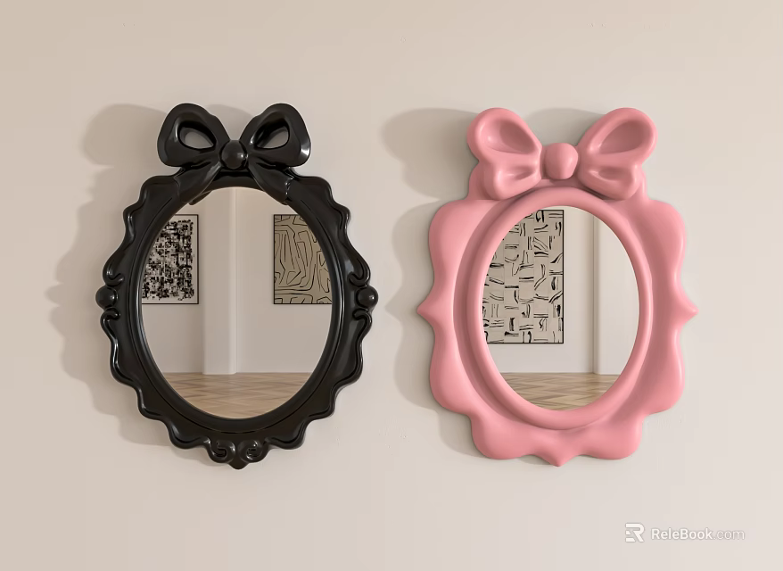 Decorative Black And Pink Mirrors With Bowknot Shaped Frames On Wall 3d model 