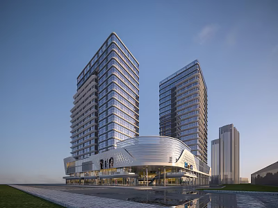 Modern High Rise Office Building Complex With Commercial Podium And Water Reflection 3d model