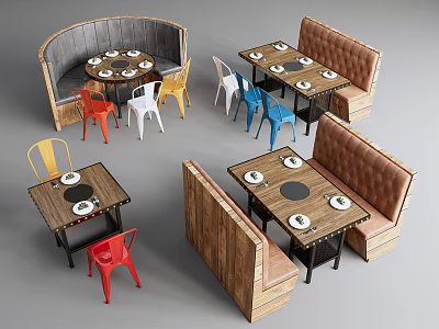 Public Chairs With Colorful Seats Booth Seating And Dining Tables In Restaurant 3d model