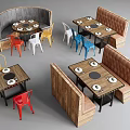 Public Chairs With Colorful Seats Booth Seating And Dining Tables In Restaurant