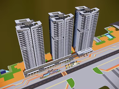 Modern High Rise Residential Buildings With Commercial Base And Urban Road Greenery 3d model