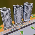 Modern High Rise Residential Buildings With Commercial Base And Urban Road Greenery