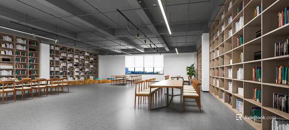 Modern Library Interior Design With Bookshelves Tables Chairs And Natural Light 3d model 