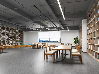 Modern Library Interior Design With Bookshelves Tables Chairs And Natural Light 3d model