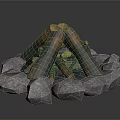 Outdoor Stone Fire Pit With Circular Surround And Burning Logs Flames