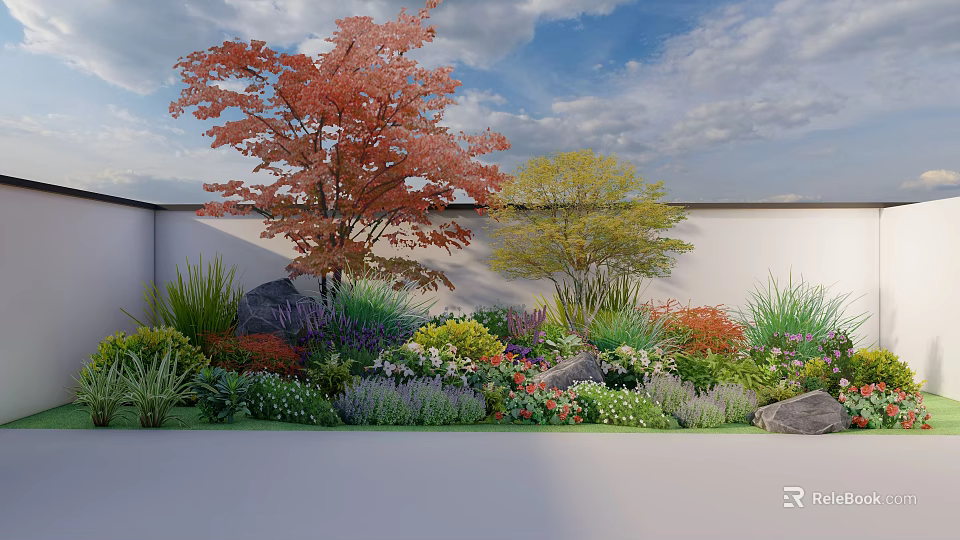 Vibrant Garden with Flowers Plants Red Yellow Leaved Trees Rocks White Wall and Blue Sky 3d model 