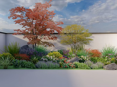 Vibrant Garden with Flowers Plants Red Yellow Leaved Trees Rocks White Wall and Blue Sky 3d model