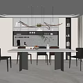 Modern Restaurant Interior With Long Dining Table Black Chairs Glass Display Cabinet Bookshelves And Decorations