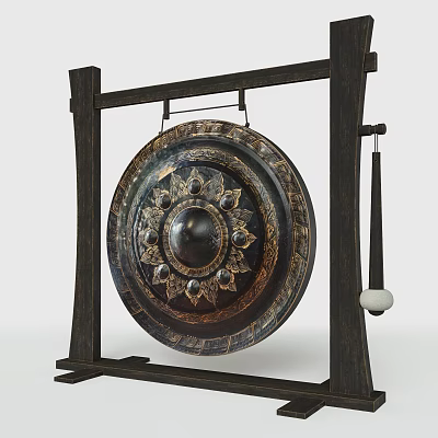 Musical Instrument Bronze Gong With Wooden Frame Decorative Patterns And Striking Mallet 3d model