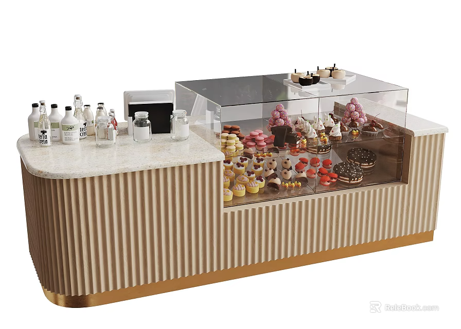 Dessert Shop Display Counter With Assorted Cupcakes Macarons Striped Design And Gold Trim 3d model 