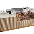 Dessert Shop Display Counter With Assorted Cupcakes Macarons Striped Design And Gold Trim