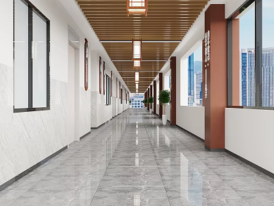 Modern Elevator Hallway Interior With Marble Flooring White Walls Wooden Ceiling And Lighting Fixtures 3d model