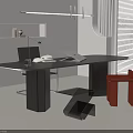Modern Black Desk with Open Book Laptop Chair Red Stool and White Window Blinds