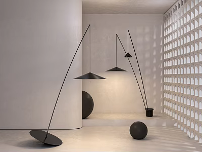 Modern Floor Lamp With Slim Black Pole And Unique Shade In Minimalist Interior 3d model