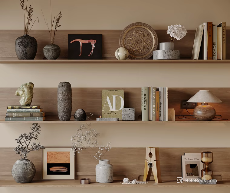Stylish Decorative Ornament Combination With Vases Sculptures Photo Frames Books Table Lamp On Shelves 3d model 