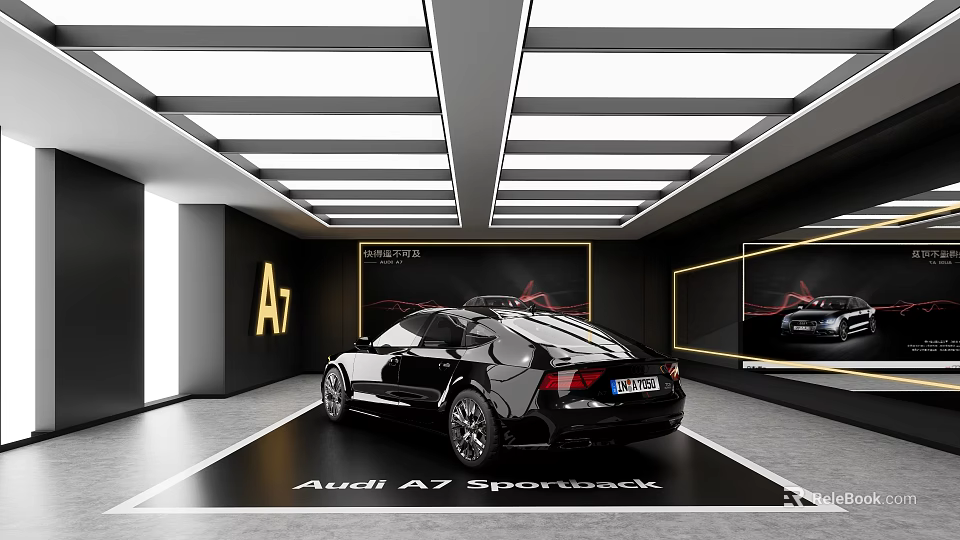 Modern Audi A7 Sportback Showroom With Illuminated Display Area And Black Vehicle 3d model 