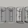 Four Different Styles of Shower Sauna Cabins with White Bathrobe and Towel Rack