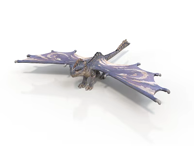 Detailed Fantasy Dragon Figurine With Purple Patterned Wings And Gray Body 3d model