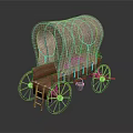 Vintage Covered Wagon With Curved Canvas Top And Wooden Wheel Structure