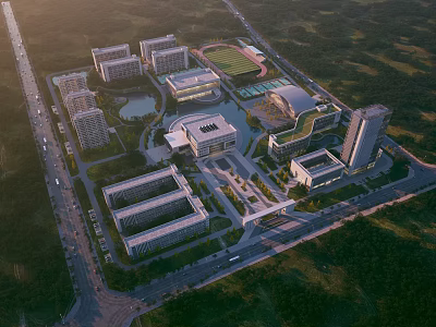 Modern School Buildings Campus Layout With Sports Field Green Spaces And Pathways 3d model
