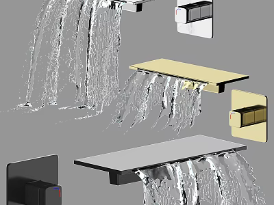 Stylish Waterfall Spout Faucets In Black Gold White With Flowing Water 3d model