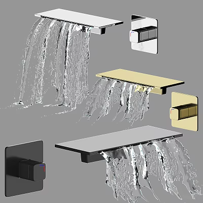 Stylish Waterfall Spout Faucets In Black Gold White With Flowing Water 3d model