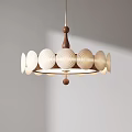 Modern Minimalist Chandelier Featuring Circular White Shade Panels And Brown Wooden Center