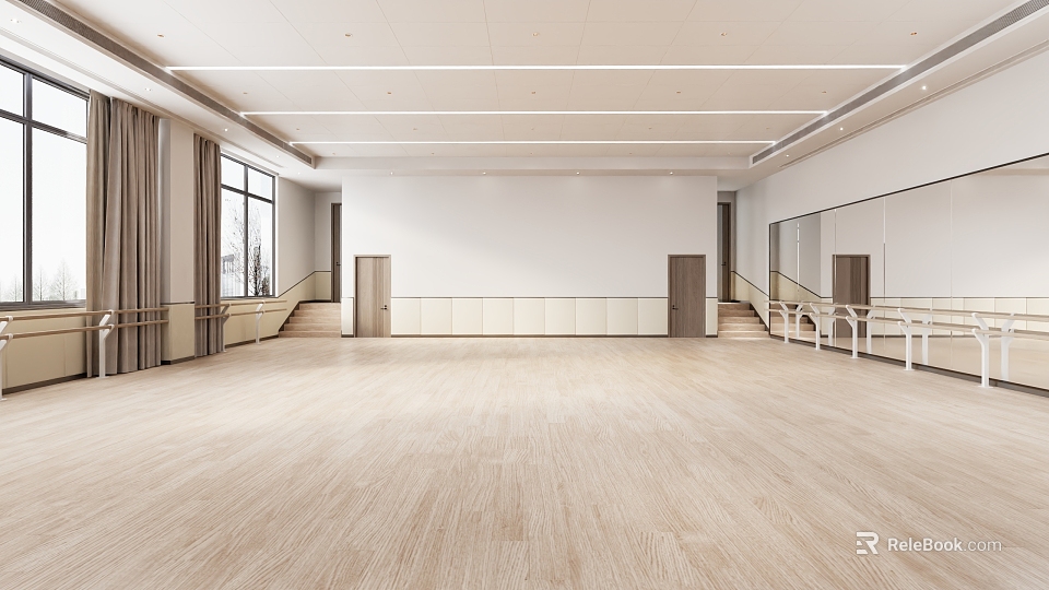 Spacious Fitness Dance Studio With Wooden Floor Mirrors Barres And Natural Light 3d model 