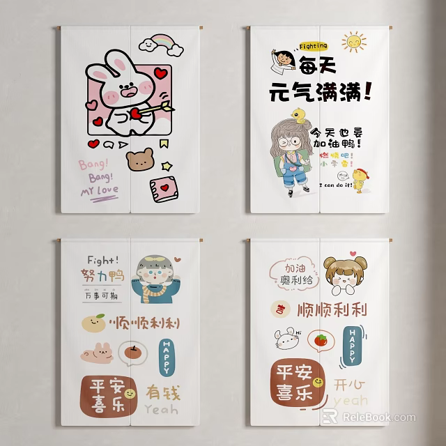 Cute Cartoon Wall Decor Posters With Adorable Animals And Positive Chinese Characters 3d model 