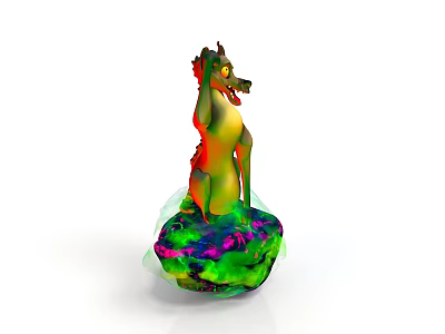 Standing Cartoon Wolf Creature With Green Yellow Body Red Ears Tail On Colorful Rock Base 3d model