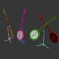 Red Banjos In Various Styles Displayed On Stands With Gray Background