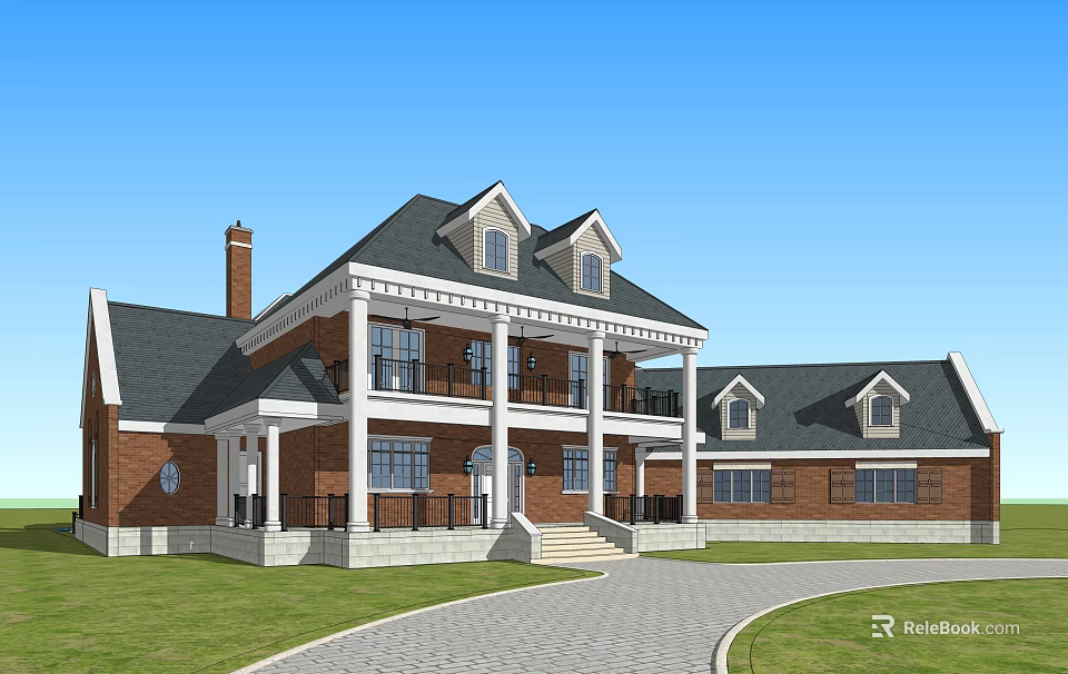 Red Brick Single Family Home With Gray Roof White Columns Porch And Paved Driveway 3d model 