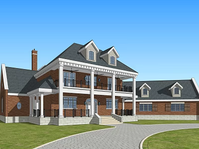 Red Brick Single Family Home With Gray Roof White Columns Porch And Paved Driveway 3d model