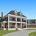Red Brick Single Family Home With Gray Roof White Columns Porch And Paved Driveway