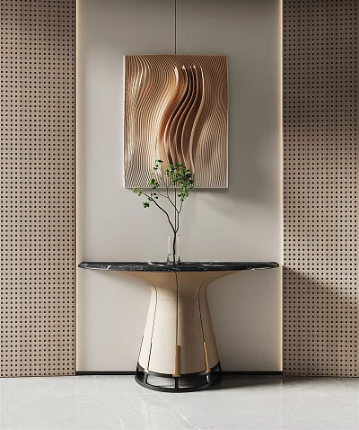 Console Table with Green Plant Vase and Wavy Wooden Art Against Perforated Background Wall 3d model