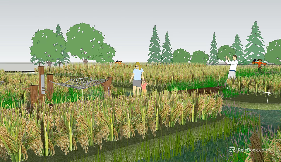 Scenic Rice Field Landscape With Green Trees People Hammock And Wooden Structures 3d model 