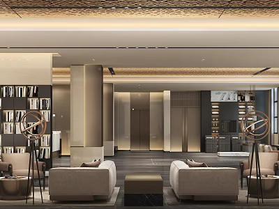 Luxurious Hotel Lobby Interior With Comfortable Sofas Elegant Ceiling Design And Bookshelf Decor 3d model
