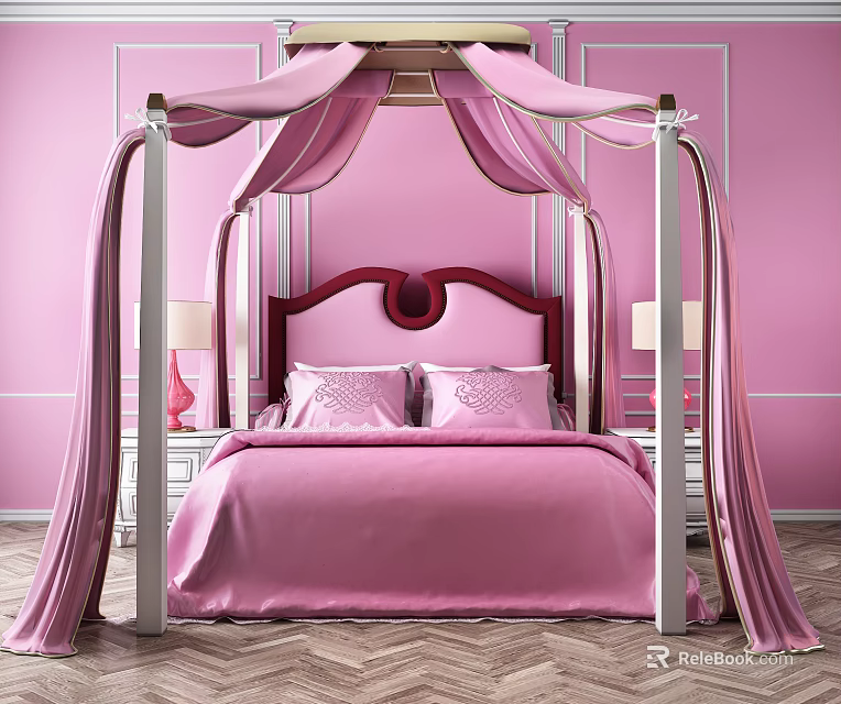 Pink Four Poster Double Bed Canopy Bedspread Pillows Bedside Tables Lamps Pink Walls Wooden Floor 3d model 