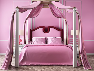 Pink Four Poster Double Bed Canopy Bedspread Pillows Bedside Tables Lamps Pink Walls Wooden Floor 3d model
