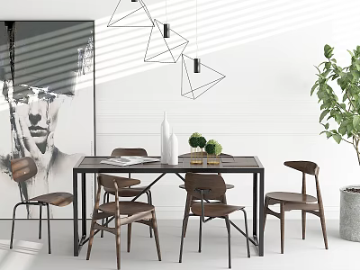 Modern Dining Table Set with Wooden Chairs Geometric Pendant Lights and Green Plant 3d model