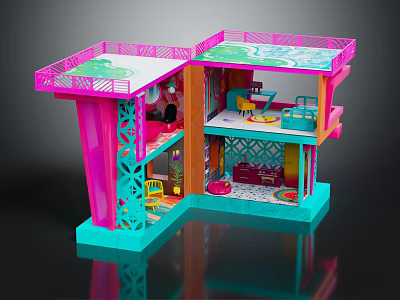 Kids Colorful Multilevel Dollhouse Play Set With Furniture And Decorative Balcony 3d model
