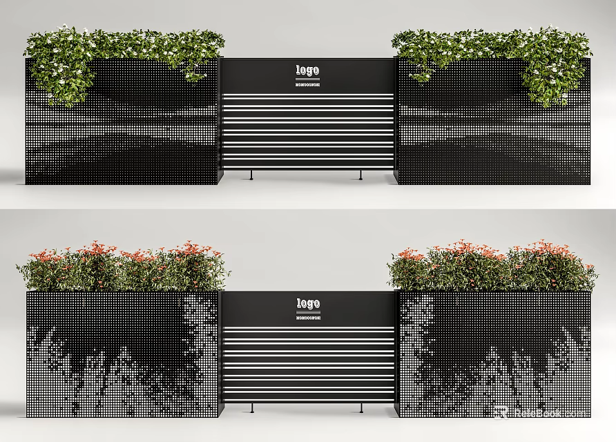Plant Combinations In Black Grid Planters With Green And Red Plants And Striped Panel 3d model 