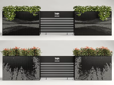Plant Combinations In Black Grid Planters With Green And Red Plants And Striped Panel 3d model